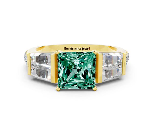 Yellow gold Princess Cut Green Sapphire Engagement Ring with Baguette Side Stones and Channel Set Band