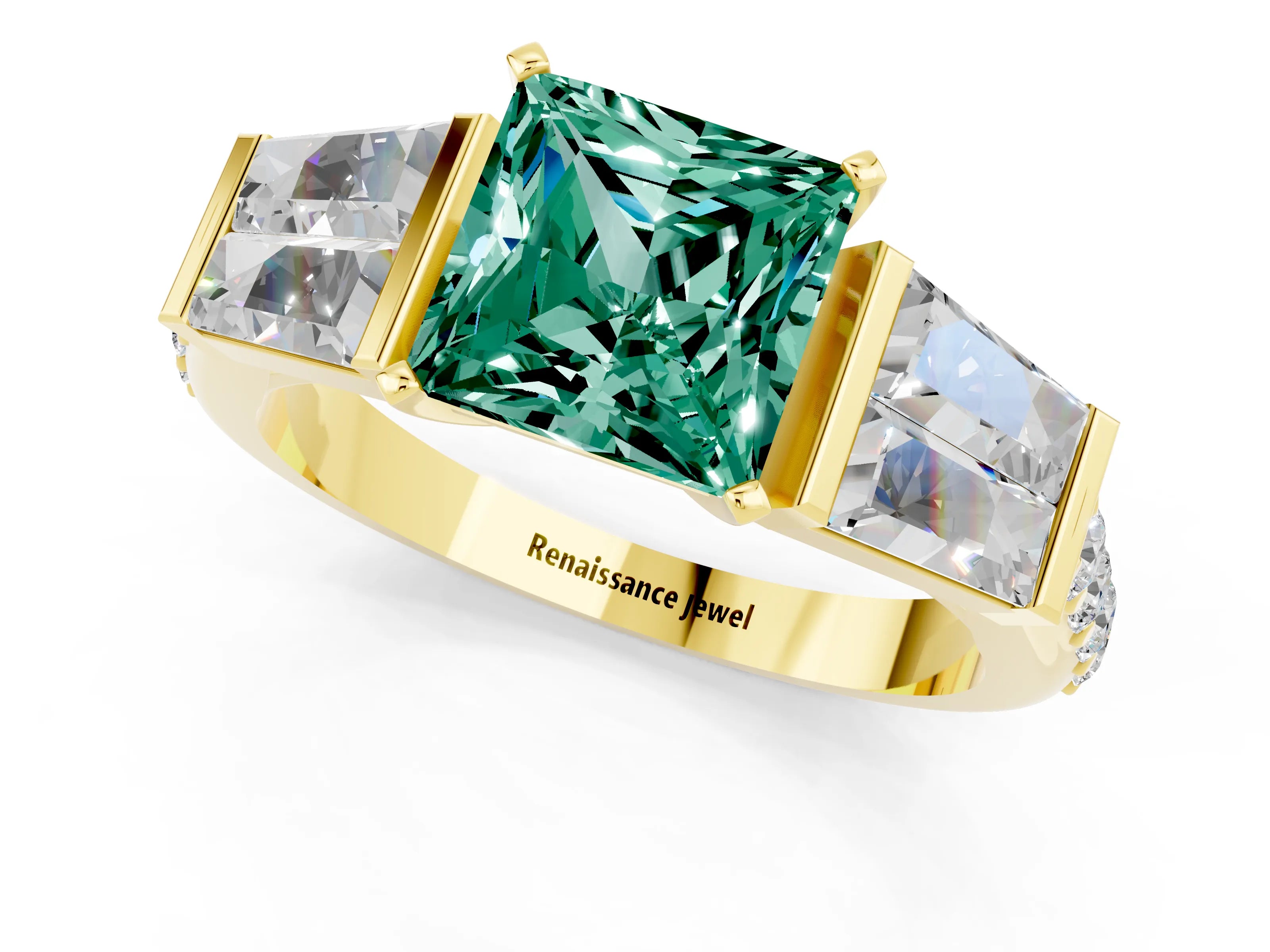 Yellow gold Princess Cut Green Sapphire Engagement Ring with Baguette Side Stones and Channel Set Band_1