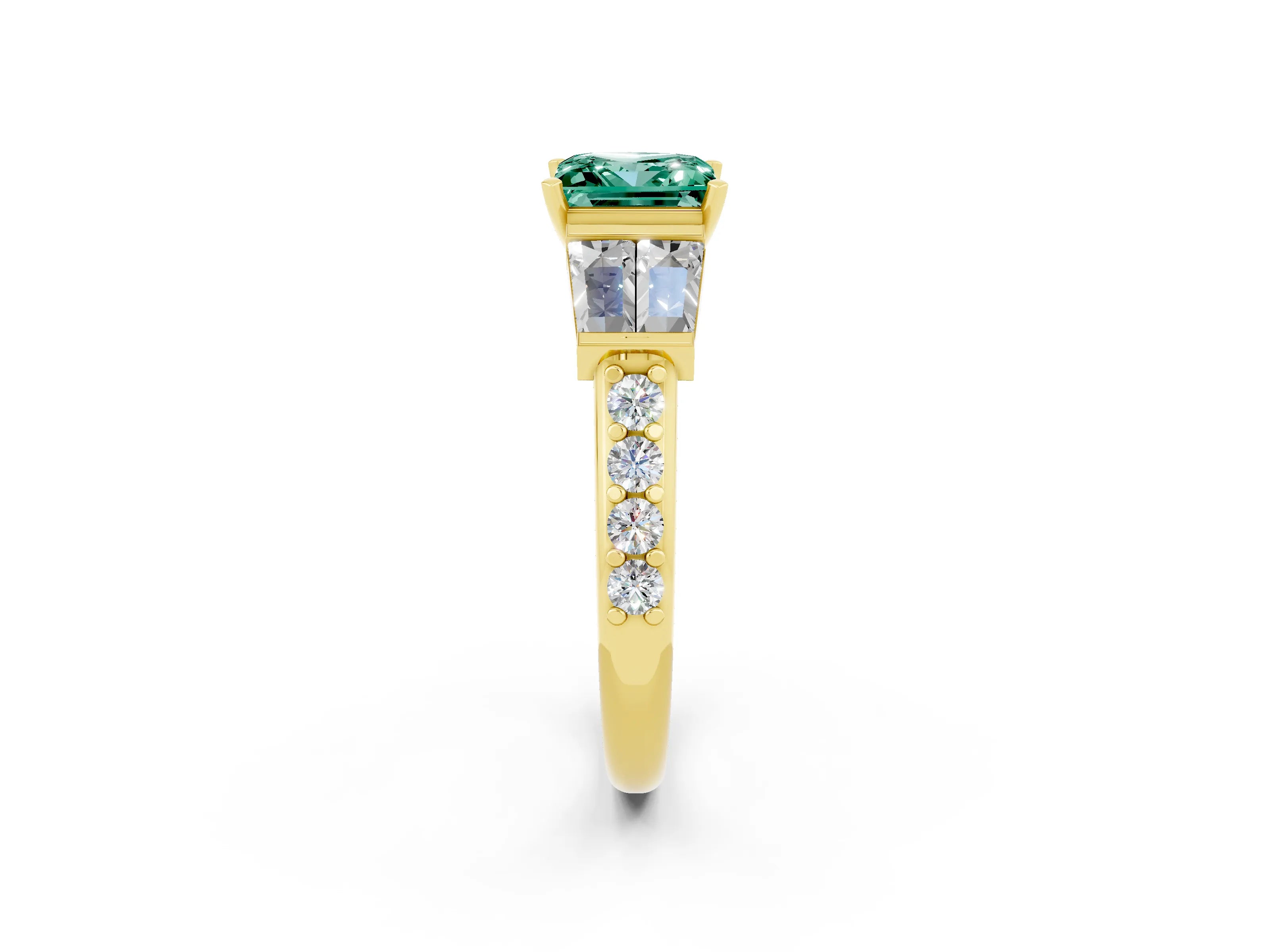 Yellow gold Princess Cut Green Sapphire Engagement Ring with Baguette Side Stones and Channel Set Band_2