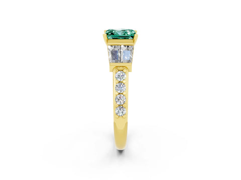 Yellow gold Princess Cut Green Sapphire Engagement Ring with Baguette Side Stones and Channel Set Band_2