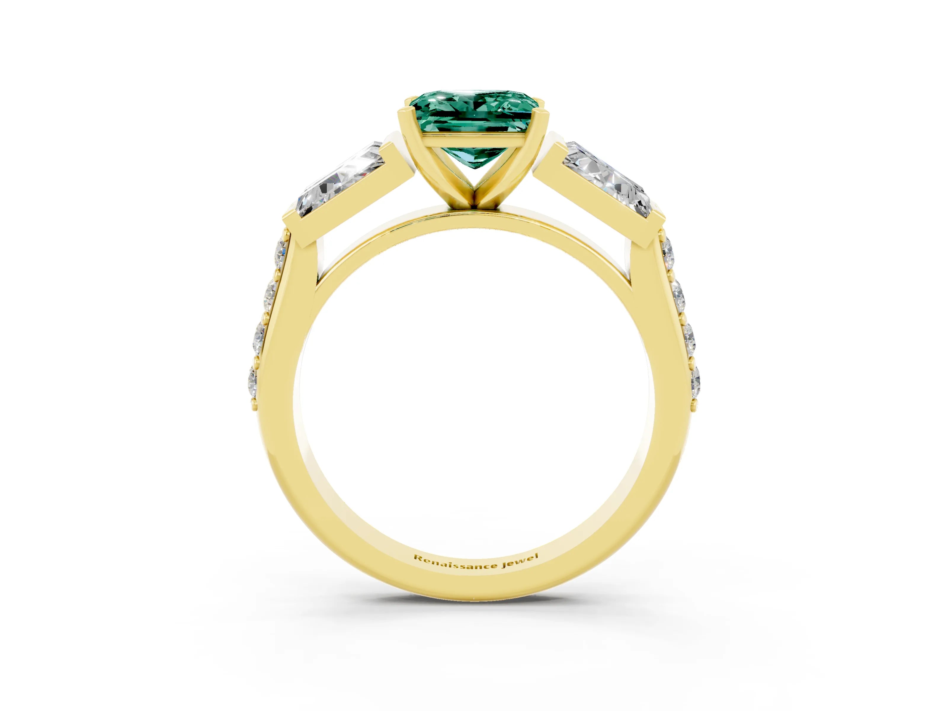 Yellow gold Princess Cut Green Sapphire Engagement Ring with Baguette Side Stones and Channel Set Band_3