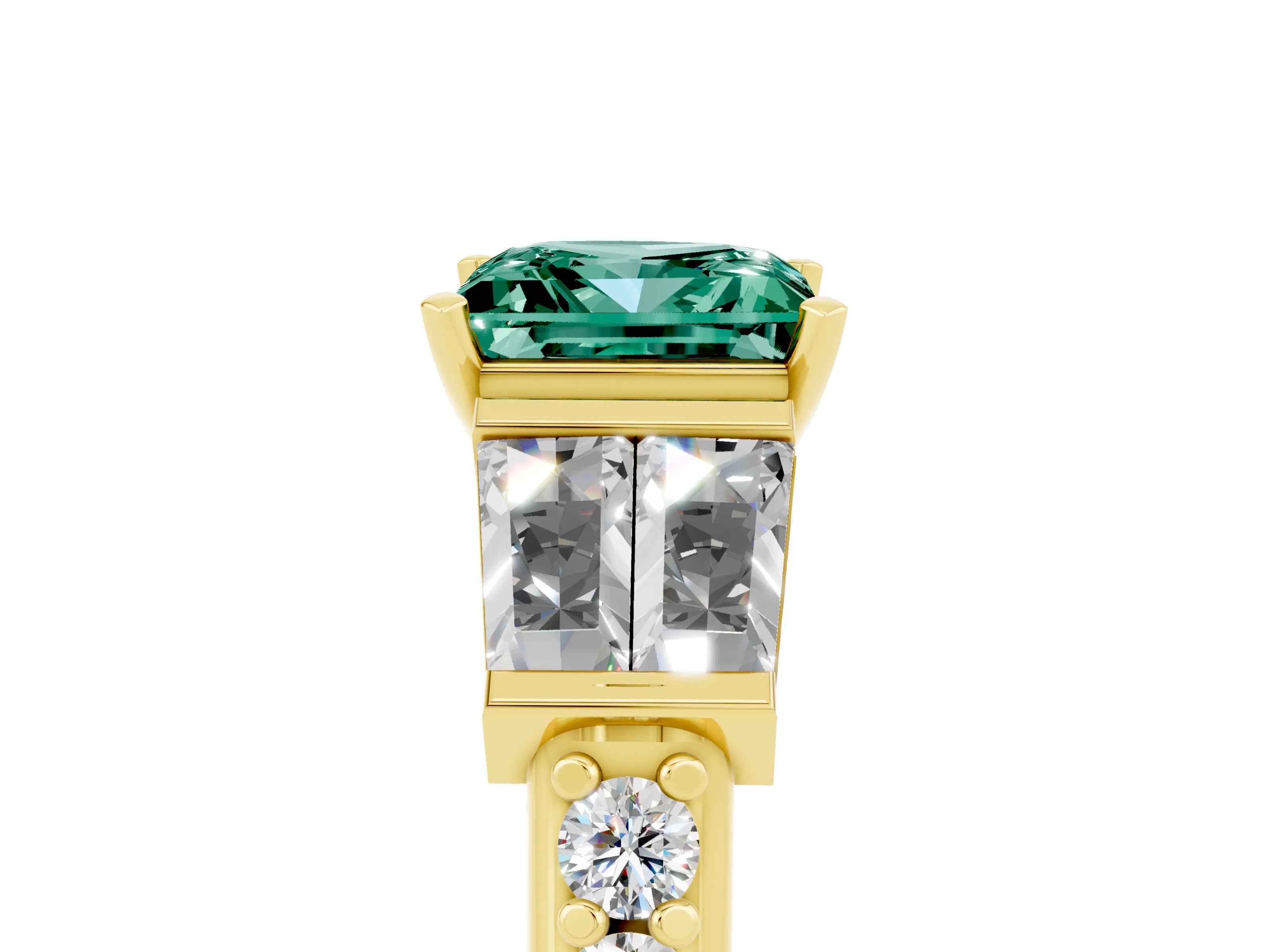 Yellow gold Princess Cut Green Sapphire Engagement Ring with Baguette Side Stones and Channel Set Band_5