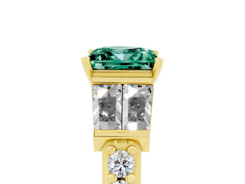 Yellow gold Princess Cut Green Sapphire Engagement Ring with Baguette Side Stones and Channel Set Band_5