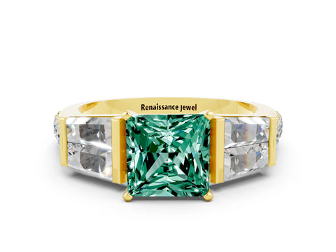 Yellow gold Princess Cut Green Sapphire Engagement Ring with Baguette Side Stones and Channel Set Band