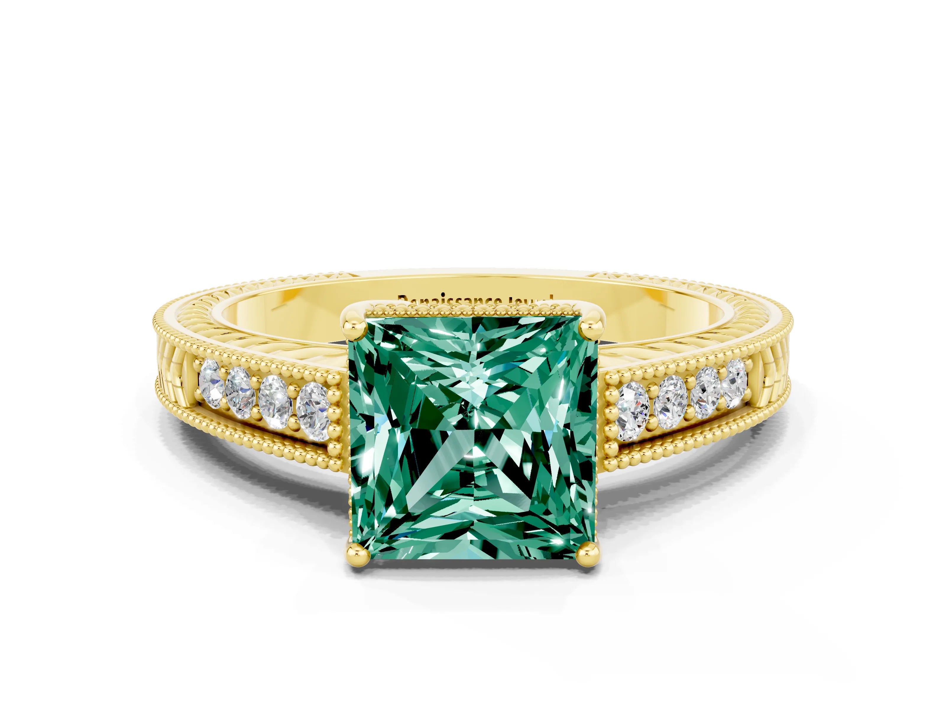 Yellow gold Princess Cut Green Sapphire Engagement Ring with Milgrain Channel Set Band and Prong Setting