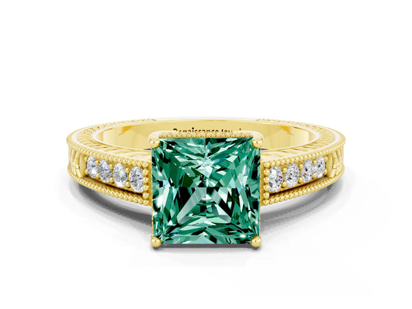 Yellow gold Princess Cut Green Sapphire Engagement Ring with Milgrain Channel Set Band and Prong Setting