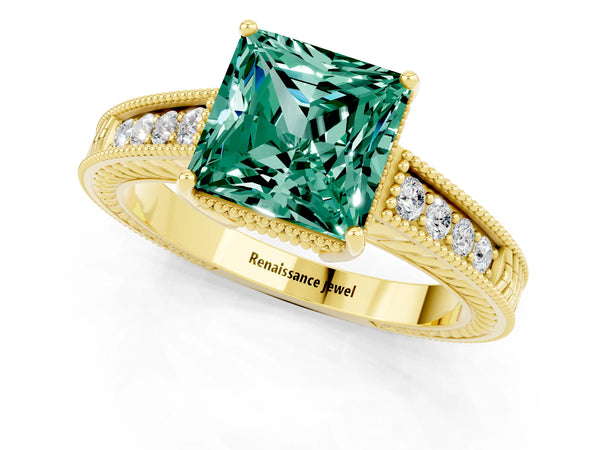 Yellow gold Princess Cut Green Sapphire Engagement Ring with Milgrain Channel Set Band and Prong Setting