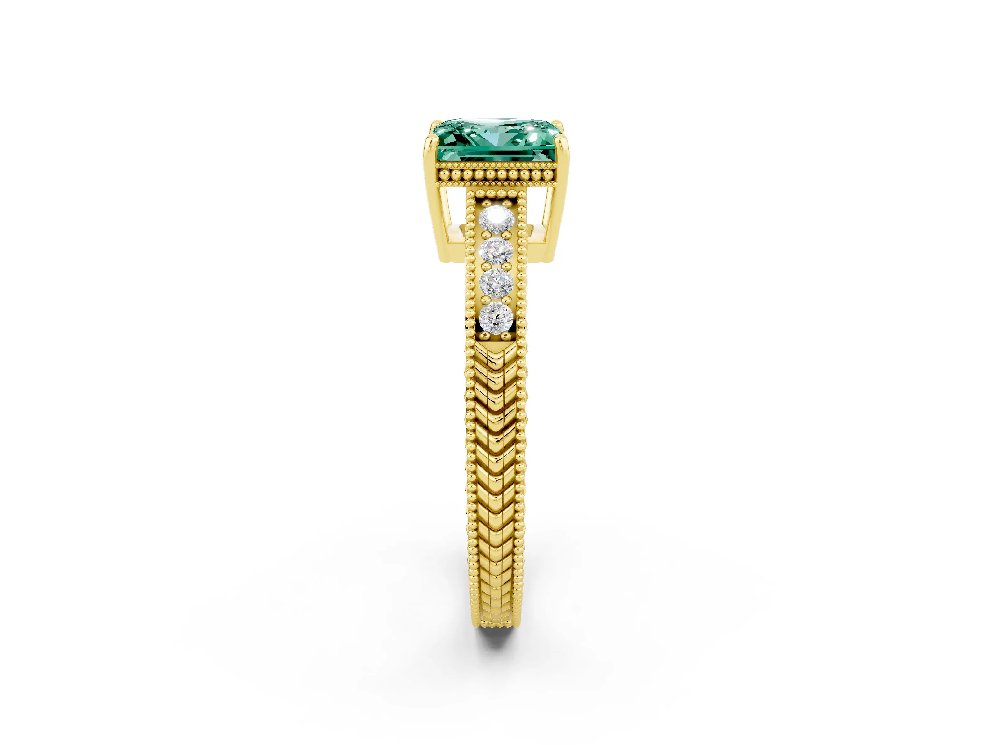 Yellow gold Princess Cut Green Sapphire Engagement Ring with Milgrain Channel Set Band and Prong Setting_2