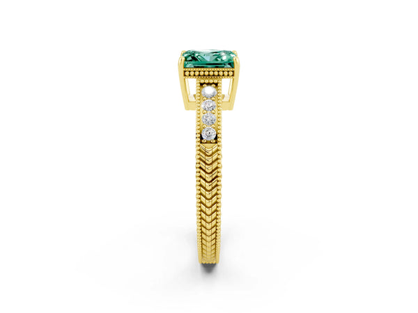 Yellow gold Princess Cut Green Sapphire Engagement Ring with Milgrain Channel Set Band and Prong Setting