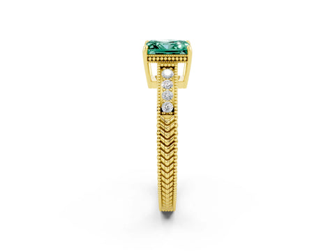 Yellow gold Princess Cut Green Sapphire Engagement Ring with Milgrain Channel Set Band and Prong Setting_2