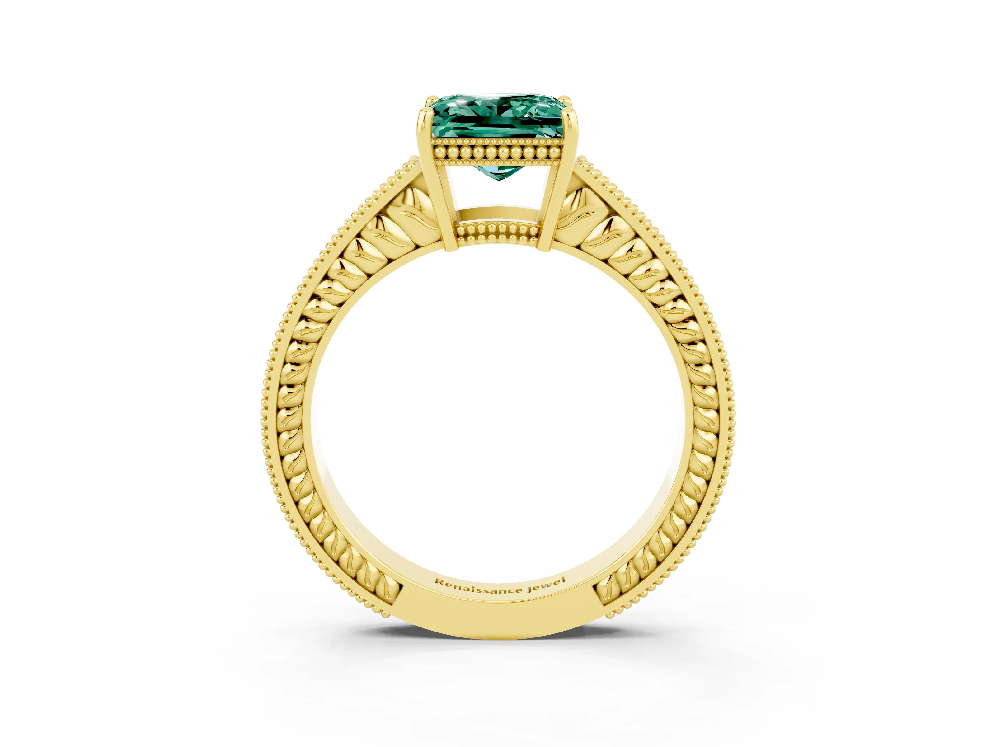 Yellow gold Princess Cut Green Sapphire Engagement Ring with Milgrain Channel Set Band and Prong Setting_3