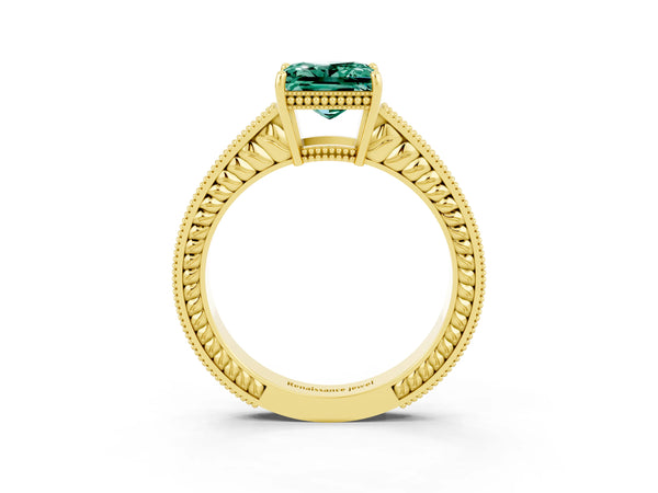 Yellow gold Princess Cut Green Sapphire Engagement Ring with Milgrain Channel Set Band and Prong Setting
