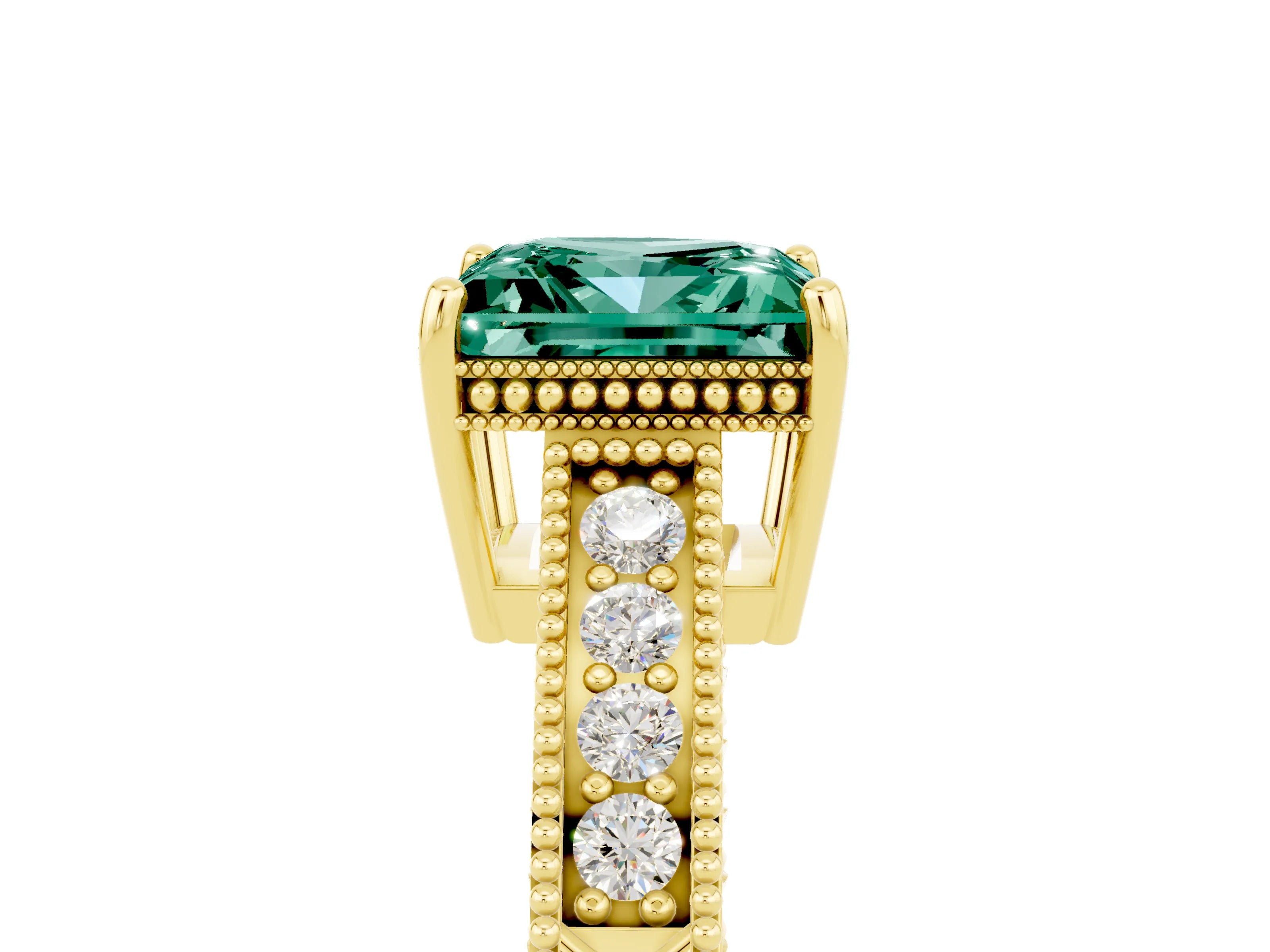 Yellow gold Princess Cut Green Sapphire Engagement Ring with Milgrain Channel Set Band and Prong Setting_5