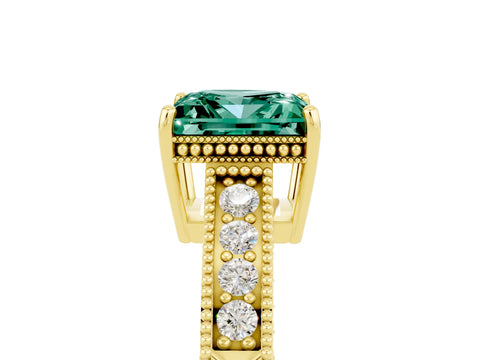 Yellow gold Princess Cut Green Sapphire Engagement Ring with Milgrain Channel Set Band and Prong Setting_5