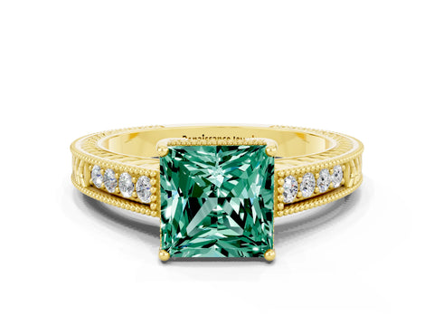 Yellow gold Princess Cut Green Sapphire Engagement Ring with Milgrain Channel Set Band and Prong Setting