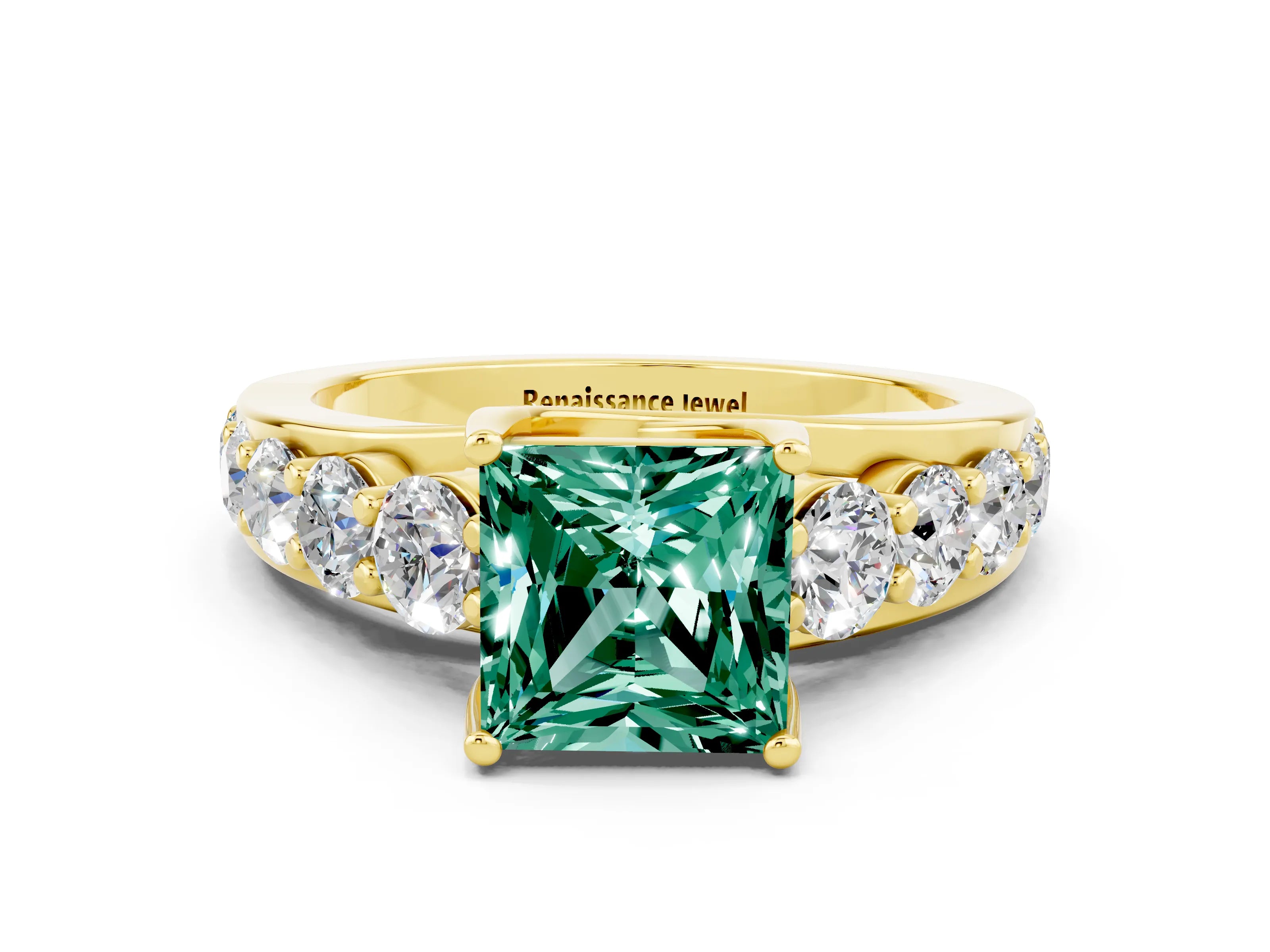 Yellow gold Princess Cut Green Sapphire Engagement Ring with Pavé Band and Four-Prong Setting