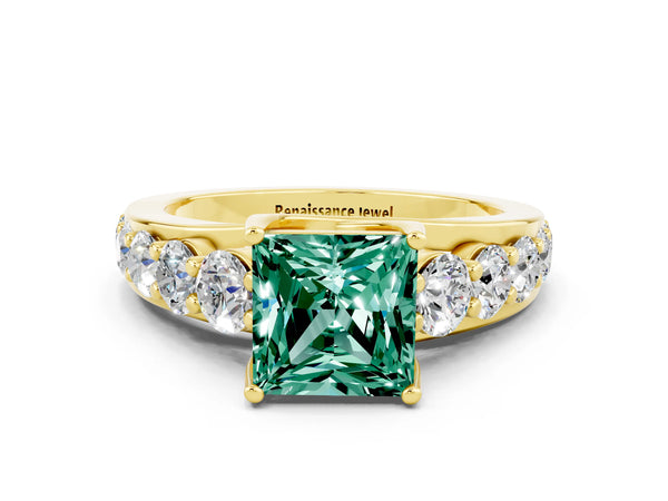Yellow gold Princess Cut Green Sapphire Engagement Ring with Pavé Band and Four-Prong Setting