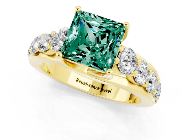 Yellow gold Princess Cut Green Sapphire Engagement Ring with Pavé Band and Four-Prong Setting