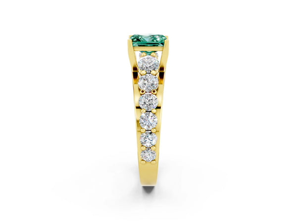 Yellow gold Princess Cut Green Sapphire Engagement Ring with Pavé Band and Four-Prong Setting