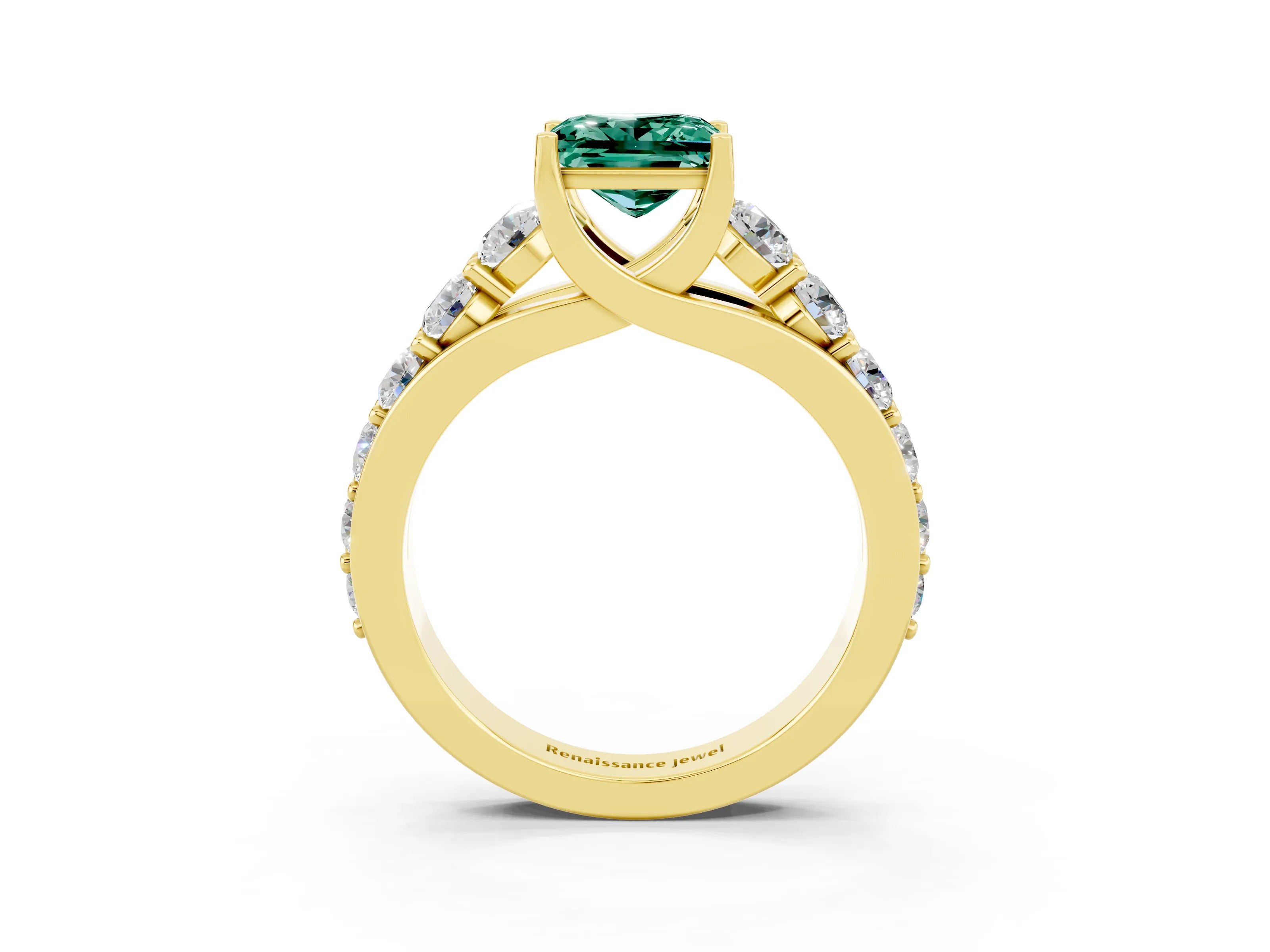 Yellow gold Princess Cut Green Sapphire Engagement Ring with Pavé Band and Four-Prong Setting_3