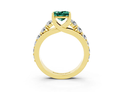 Yellow gold Princess Cut Green Sapphire Engagement Ring with Pavé Band and Four-Prong Setting_3