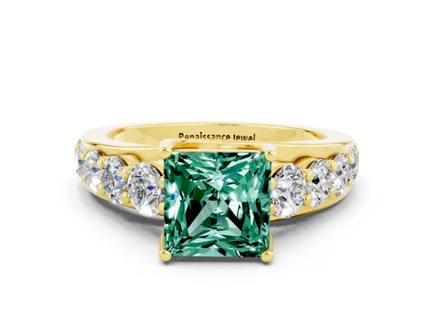 Yellow gold Princess Cut Green Sapphire Engagement Ring with Pavé Band and Four-Prong Setting