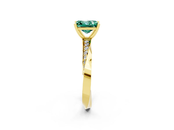 Yellow gold Princess Cut Green Sapphire Engagement Ring with Side Stone Accents and Four-Prong Setting