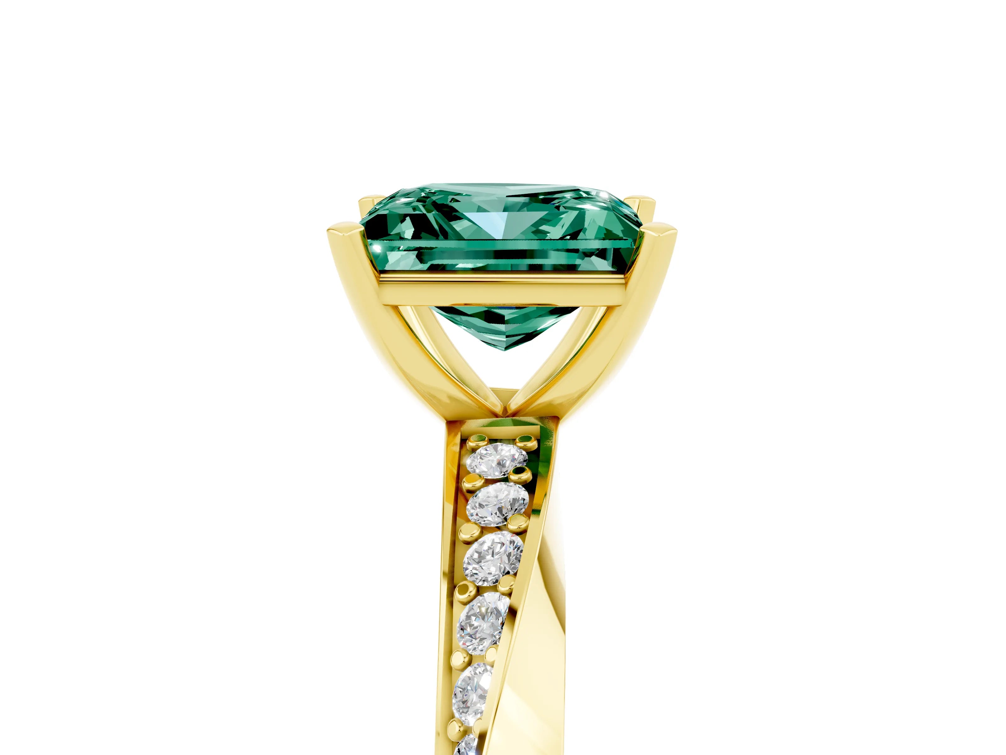 Yellow gold Princess Cut Green Sapphire Engagement Ring with Side Stone Accents and Four-Prong Setting_44