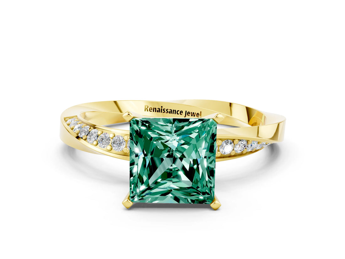 Yellow gold Princess Cut Green Sapphire Engagement Ring with Side Stone Accents and Four-Prong Setting_60