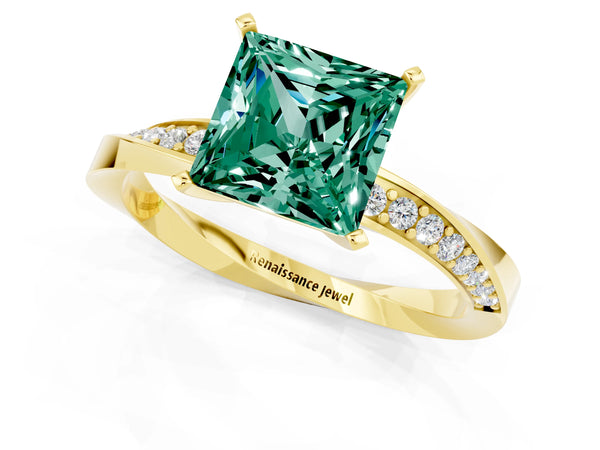 Yellow gold Princess Cut Green Sapphire Engagement Ring with Side Stone Accents and Four-Prong Setting