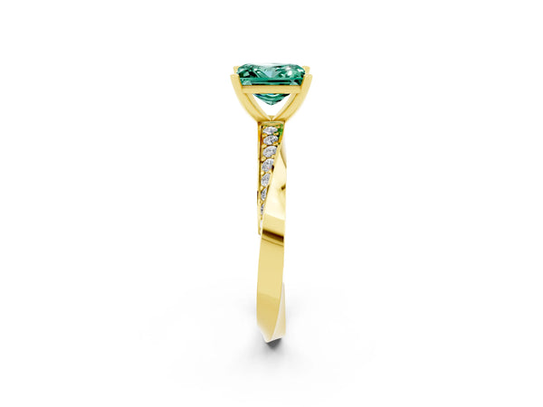 Yellow gold Princess Cut Green Sapphire Engagement Ring with Side Stone Accents and Four-Prong Setting