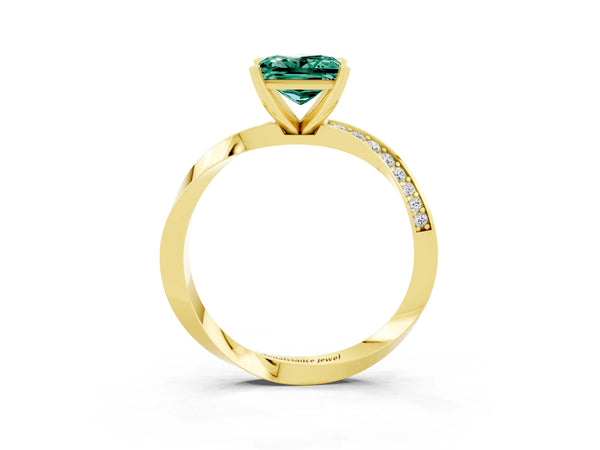 Yellow gold Princess Cut Green Sapphire Engagement Ring with Side Stone Accents and Four-Prong Setting