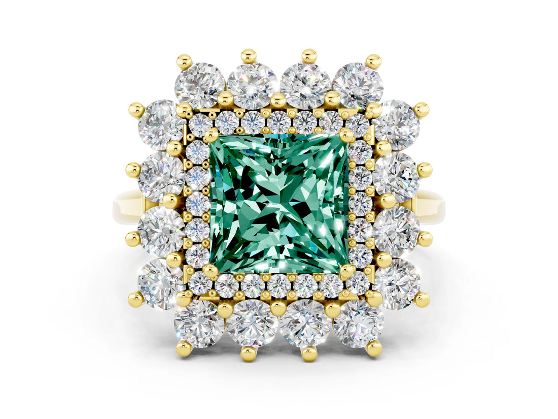 Yellow gold Princess Cut Green Sapphire Floral Double Halo Engagement Ring with Prong Setting_60