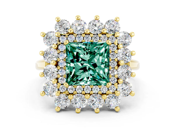 Yellow gold Princess Cut Green Sapphire Floral Double Halo Engagement Ring with Prong Setting