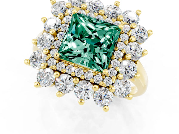 Yellow gold Princess Cut Green Sapphire Floral Double Halo Engagement Ring with Prong Setting