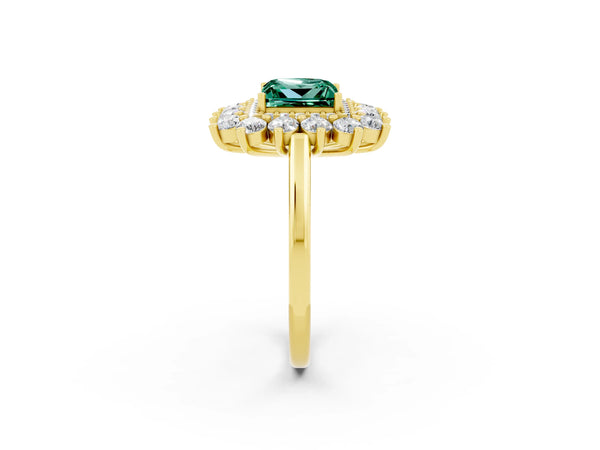 Yellow gold Princess Cut Green Sapphire Floral Double Halo Engagement Ring with Prong Setting