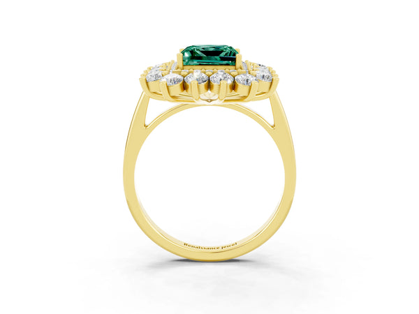 Yellow gold Princess Cut Green Sapphire Floral Double Halo Engagement Ring with Prong Setting