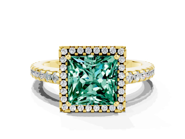 Yellow gold Princess Cut Green Sapphire Halo Engagement Ring with Pavé Band and Prong Setting