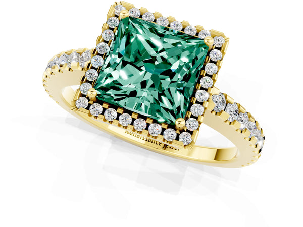 Yellow gold Princess Cut Green Sapphire Halo Engagement Ring with Pavé Band and Prong Setting