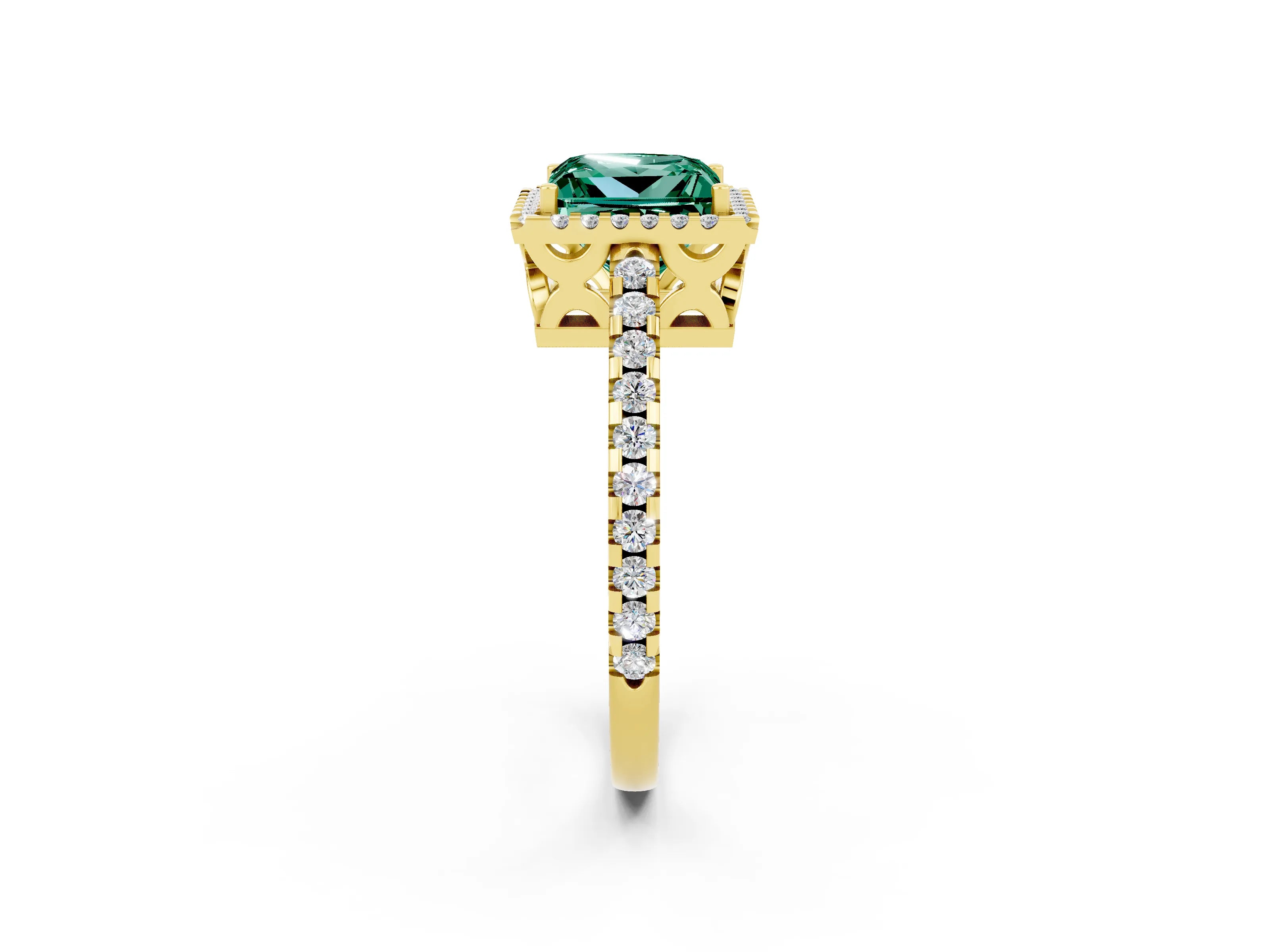 Yellow gold Princess Cut Green Sapphire Halo Engagement Ring with Pavé Band and Prong Setting_14