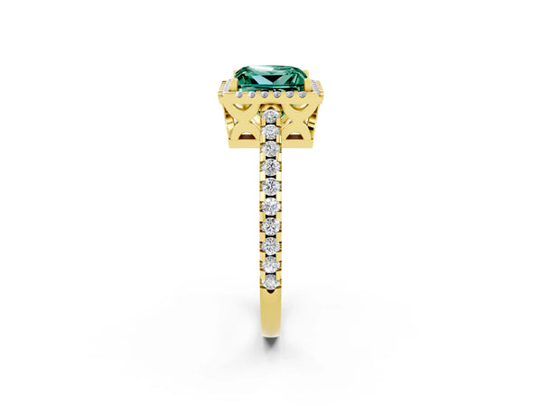 Yellow gold Princess Cut Green Sapphire Halo Engagement Ring with Pavé Band and Prong Setting