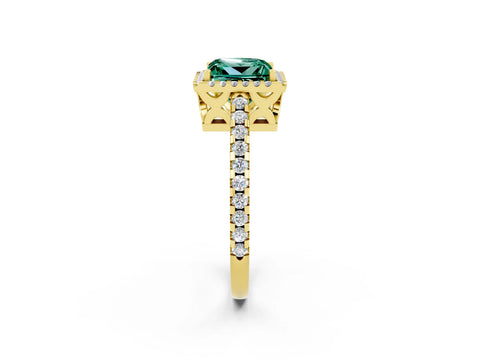 Yellow gold Princess Cut Green Sapphire Halo Engagement Ring with Pavé Band and Prong Setting_14