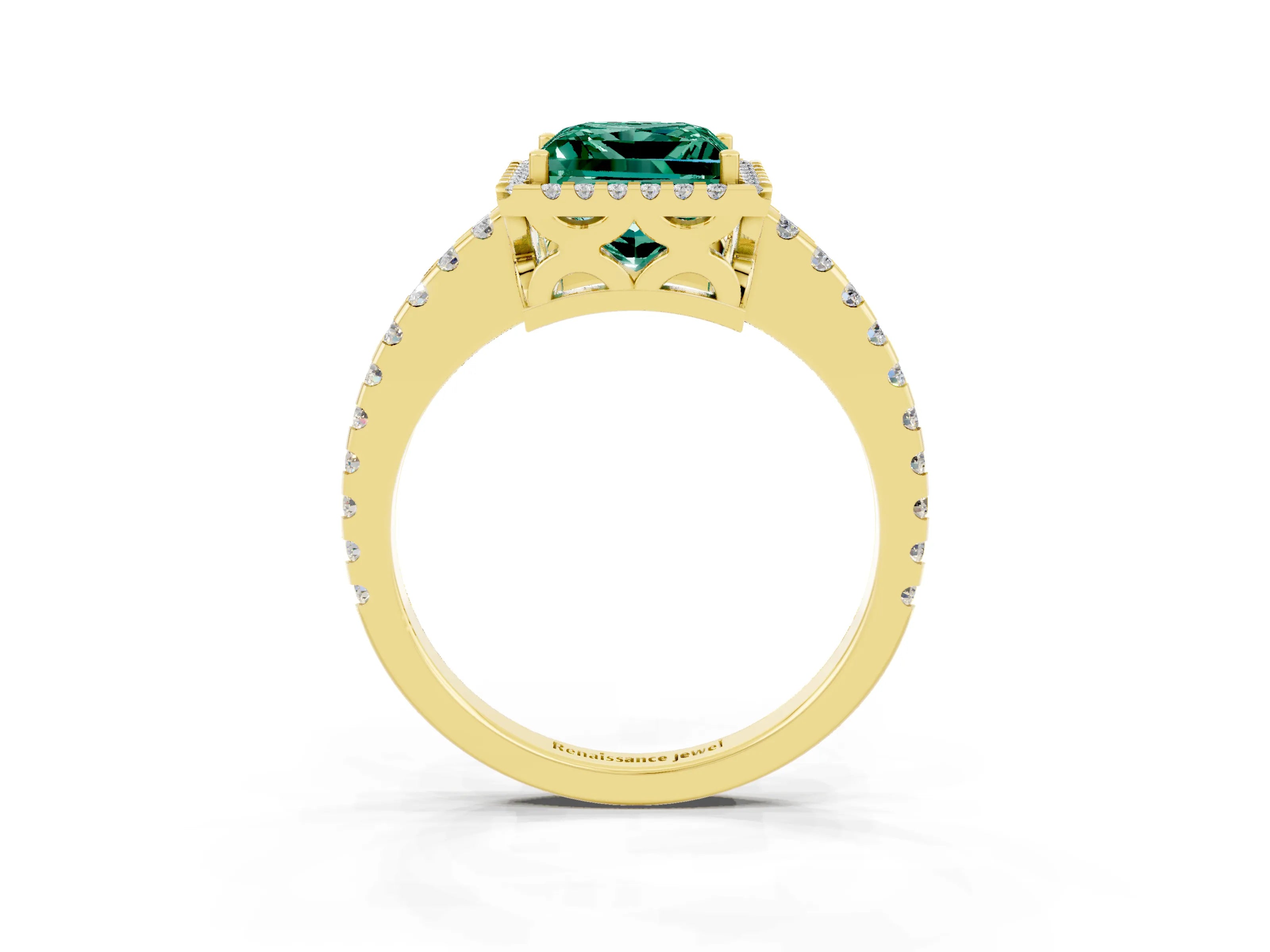 Yellow gold Princess Cut Green Sapphire Halo Engagement Ring with Pavé Band and Prong Setting_15
