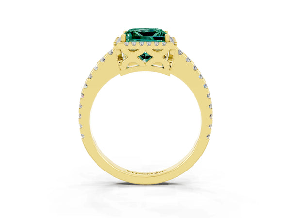 Yellow gold Princess Cut Green Sapphire Halo Engagement Ring with Pavé Band and Prong Setting