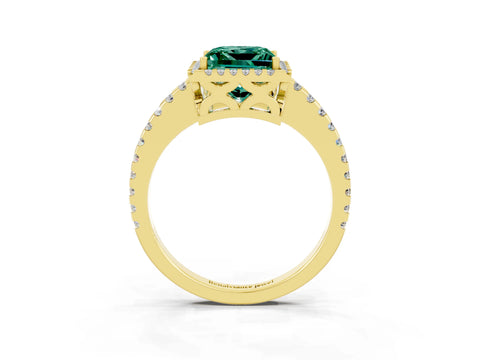 Yellow gold Princess Cut Green Sapphire Halo Engagement Ring with Pavé Band and Prong Setting_15