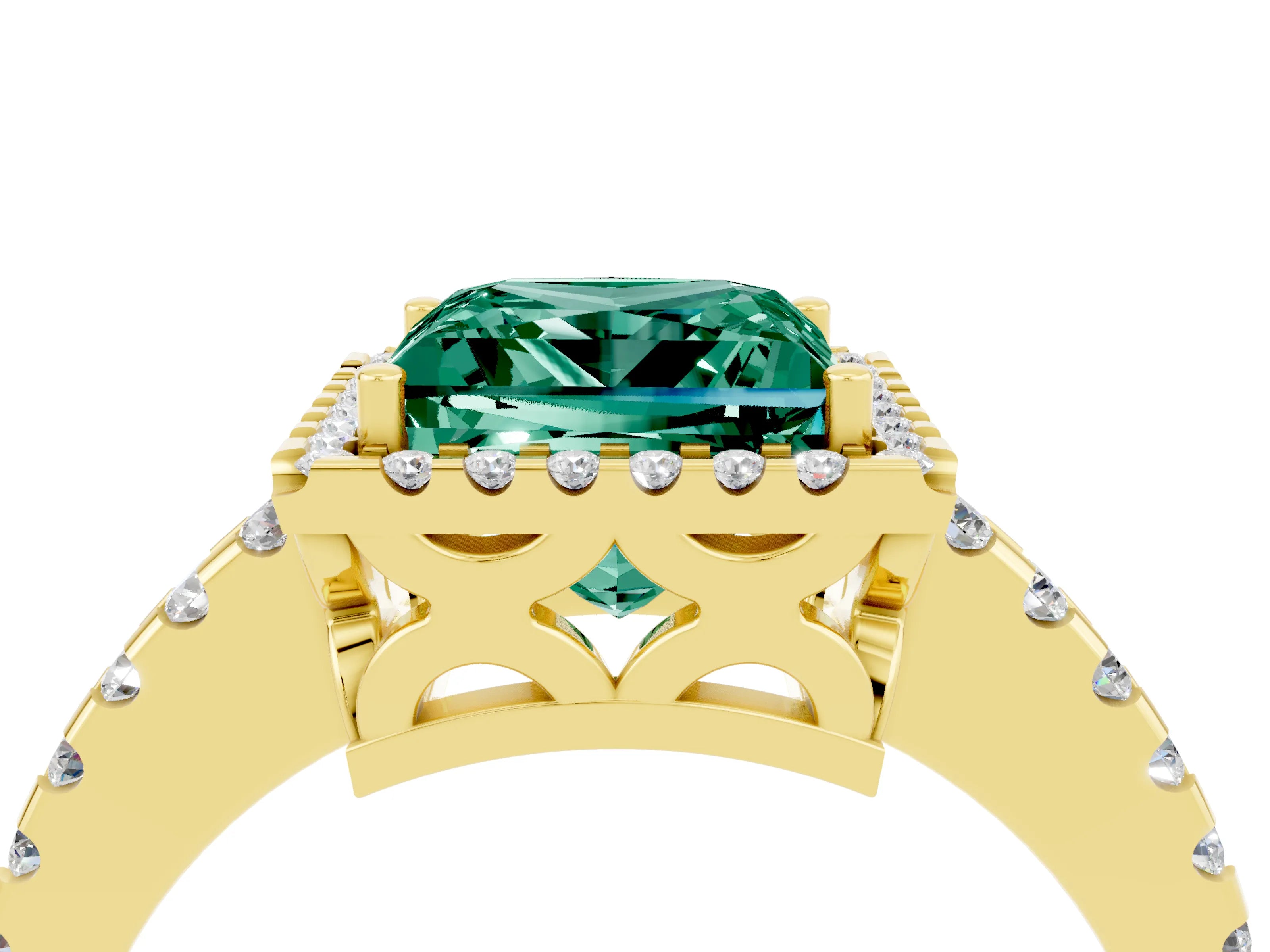Yellow gold Princess Cut Green Sapphire Halo Engagement Ring with Pavé Band and Prong Setting_16
