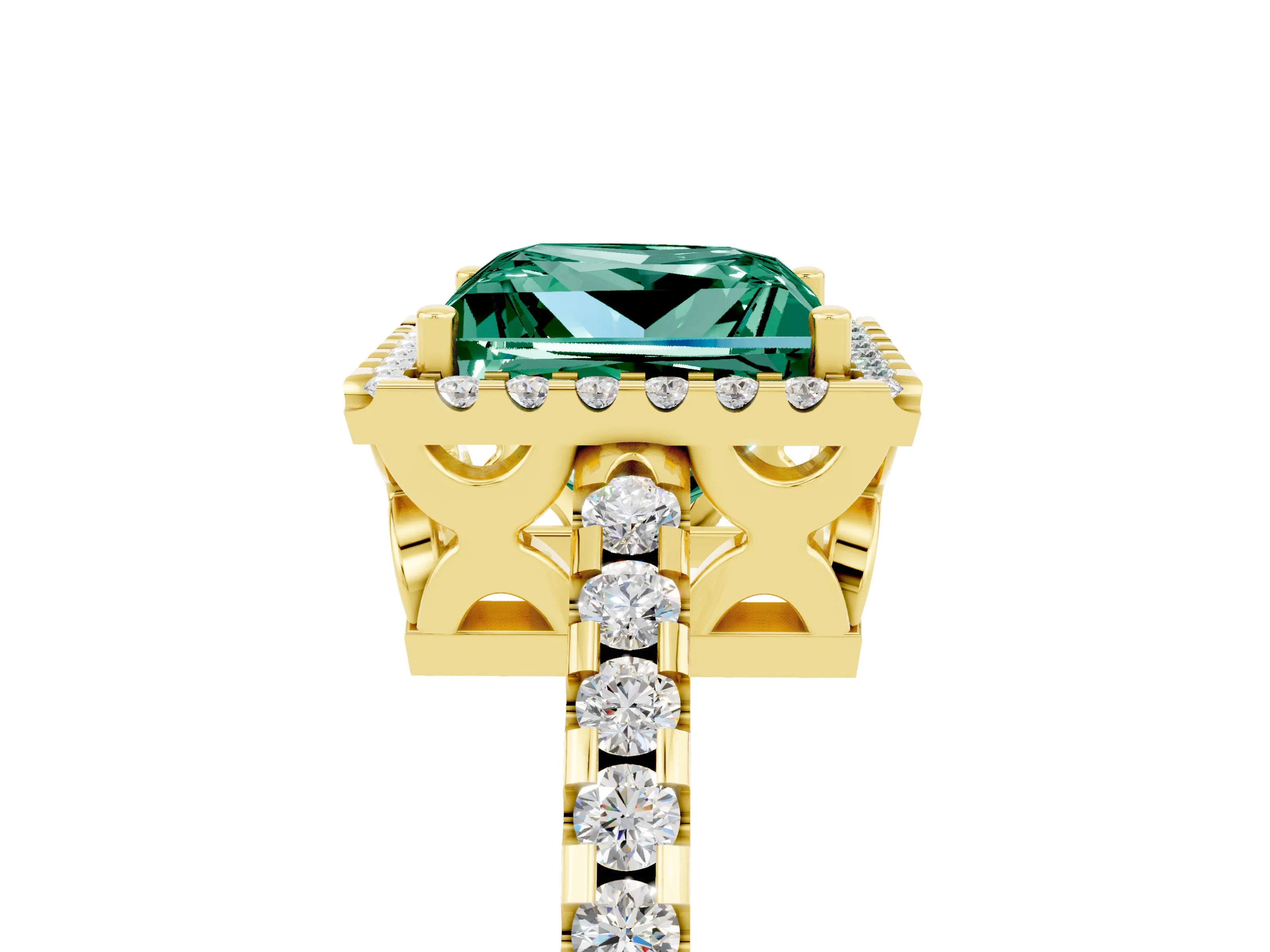 Yellow gold Princess Cut Green Sapphire Halo Engagement Ring with Pavé Band and Prong Setting_17