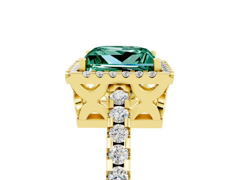 Yellow gold Princess Cut Green Sapphire Halo Engagement Ring with Pavé Band and Prong Setting_17