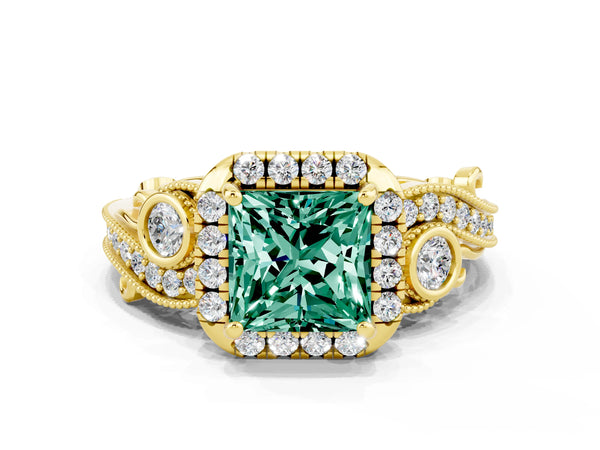 Yellow gold Princess Cut Green Sapphire Halo Ring with Milgrain Pavé Band and Four-Prong Setting