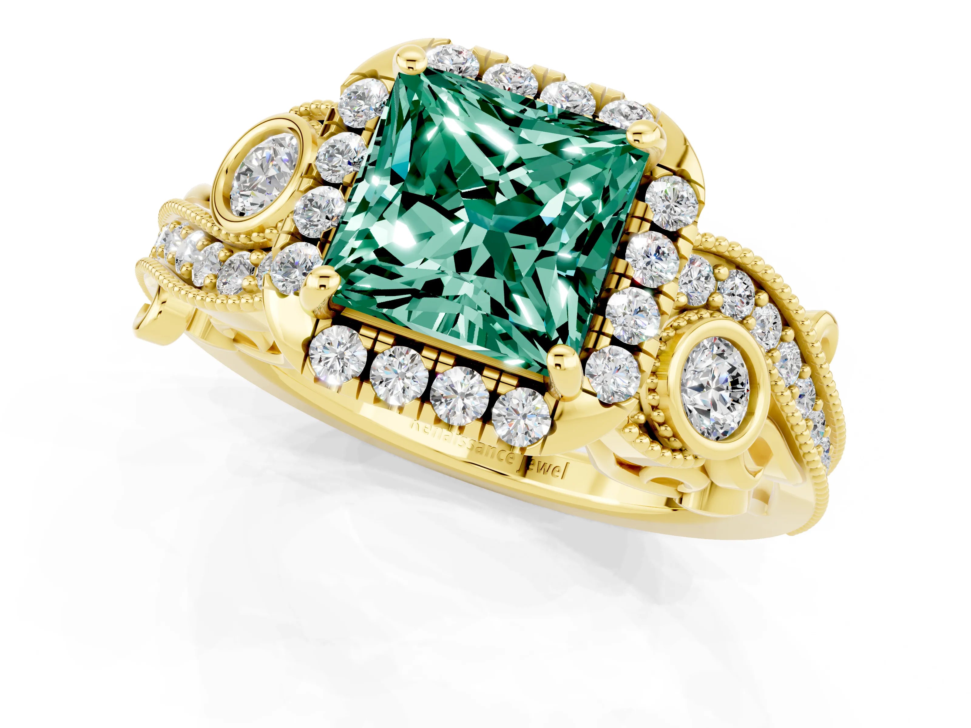 Yellow gold Princess Cut Green Sapphire Halo Ring with Milgrain Pavé Band and Four-Prong Setting_13